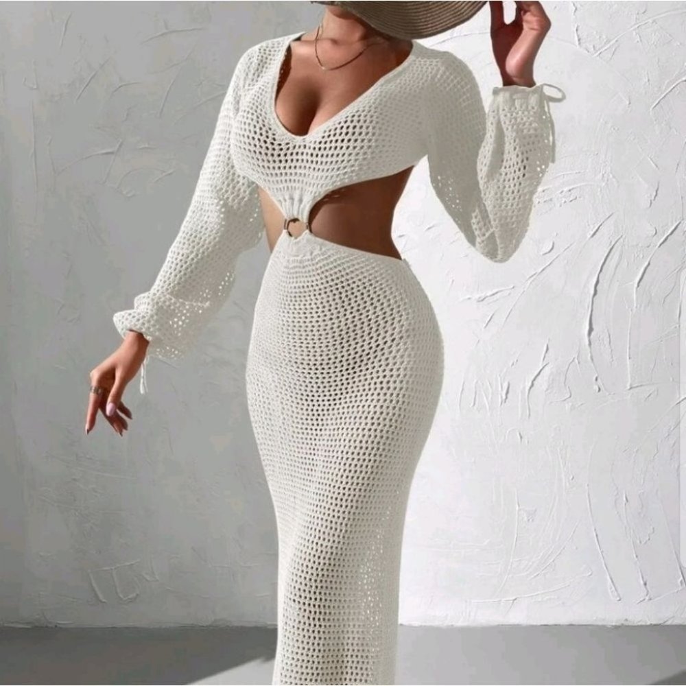 White knit cut out cover up dress summer beachy vacay - Picture 2 of 8